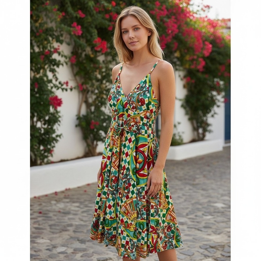Bottega Positano Midi Dress Multicolor Geometric Tile Print Small Resort Travel